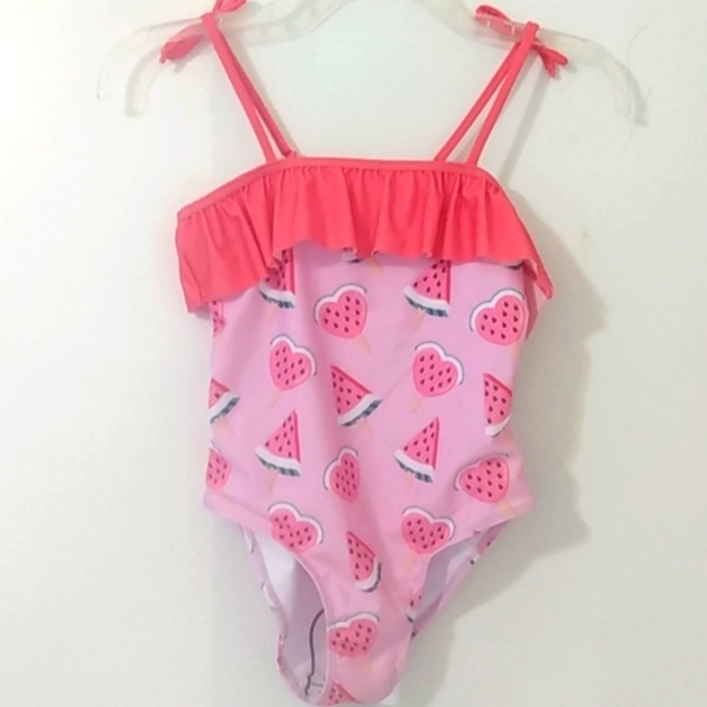 YMI GIRLS WATERMELON POPSICLE RUFFLE TRIM ONE PIECE SWIMSUIT SIZE MED 10/12 NWT